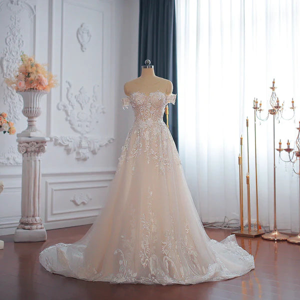 DingJiDress A Line Floral Tulle Off The Shoulder Wedding Dresses
