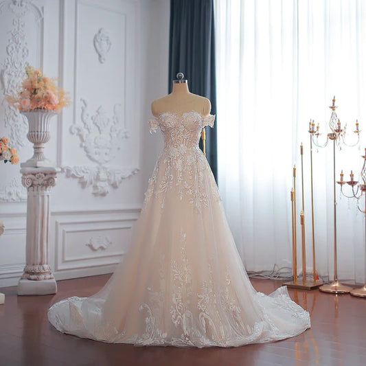 DingJiDress A Line Floral Tulle Off The Shoulder Wedding Dresses