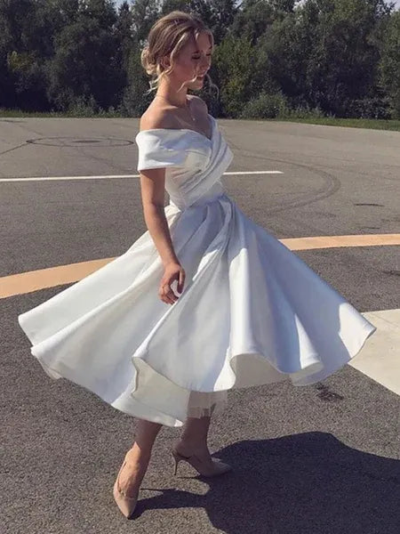 A-Line Off-Shoulder Twisted Flared Satin White Tea Length Homecoming Dress