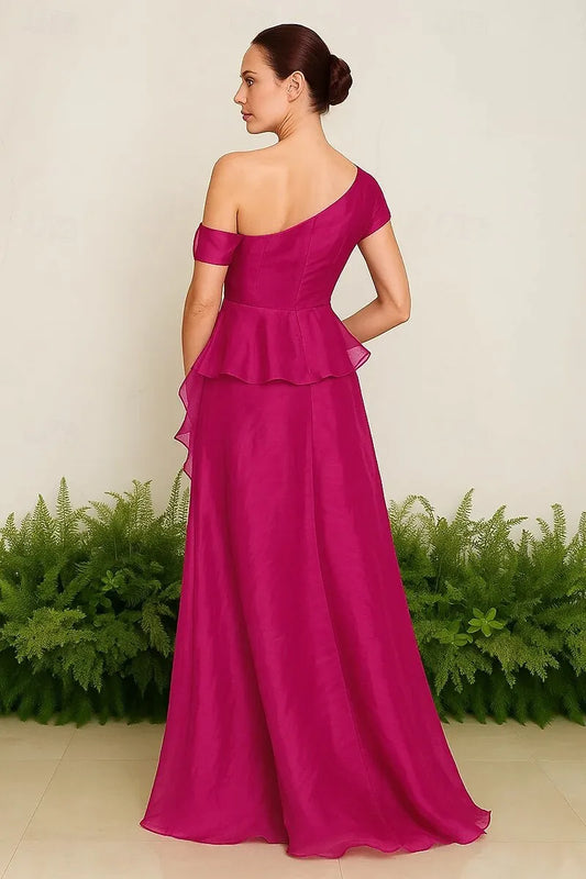 A-Line One-Shoulder Ruched Ruffle Organza Fuchsia Maxi Prom Dress