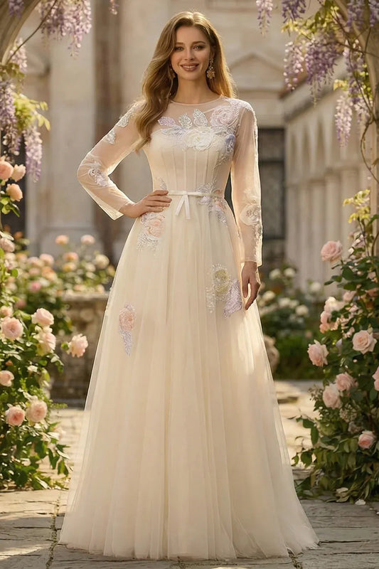 A-Line Round Neck Long Sleeve Corset Appliqued Tulle Champagne Maxi Prom Dress