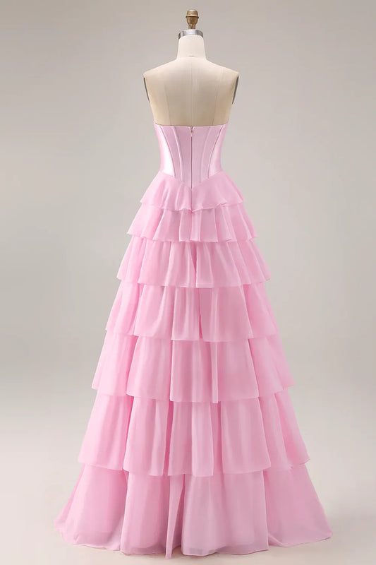 A-Line Strapless Corset Tiered Ruffle Sequin Blush Maxi Prom Dress With Slit