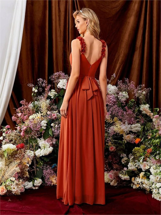 A-Line V-Neck Floral Strap Chiffon Orange Maxi Prom Dress With Tie Back