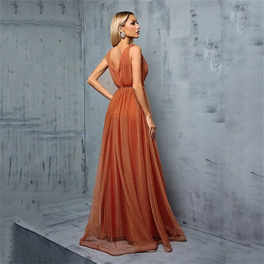 A-Line V-Neck Pleated Beaded Chiffon Tulle Orange Floor Length Prom Dress