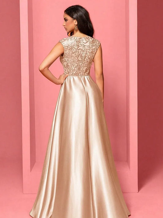 A-Line V-Neck Pleated Sequins Satin Champagne Maxi Prom Dress With Pockets