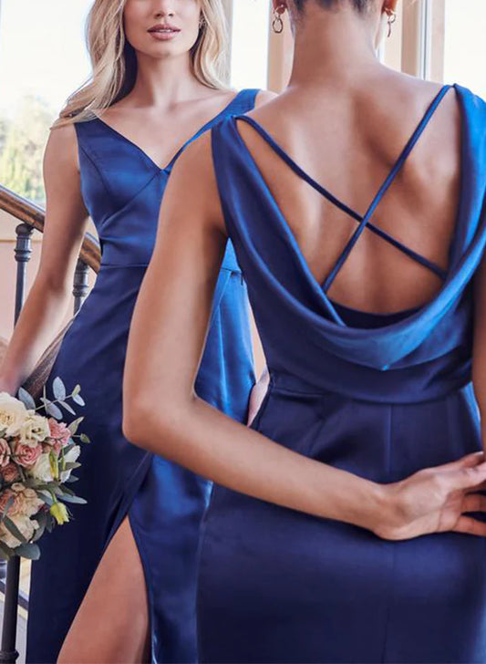 DingJiDress Sheath/Column V-Neck Floor-Length Long Bridesmaid Dresses With Split Side