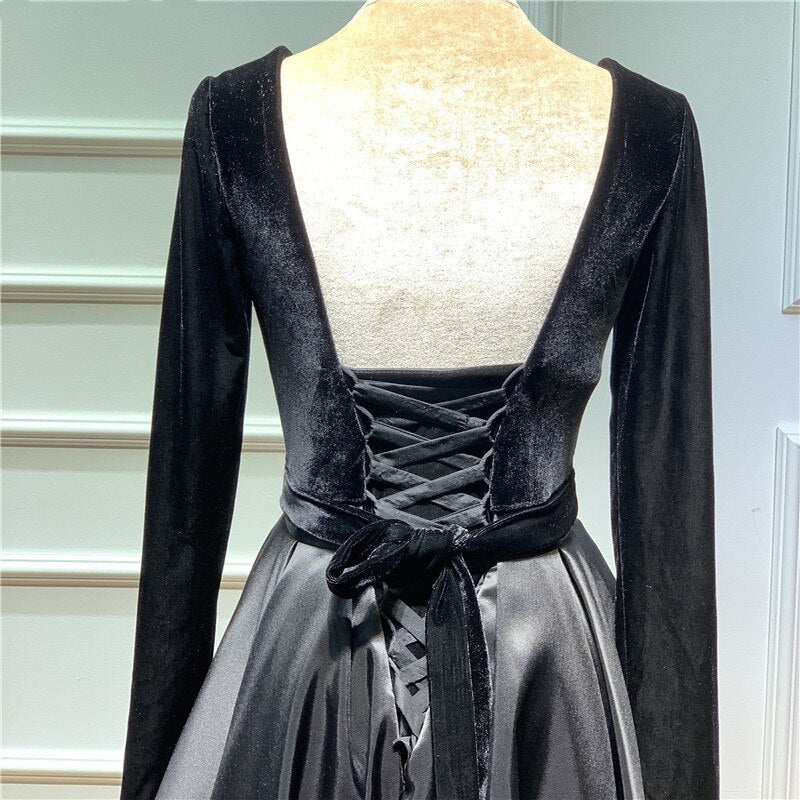 DingJiDress Prom Dresses A line Long Sleeve Burgundy Satin Deep V Neck High Slit Evening Dress