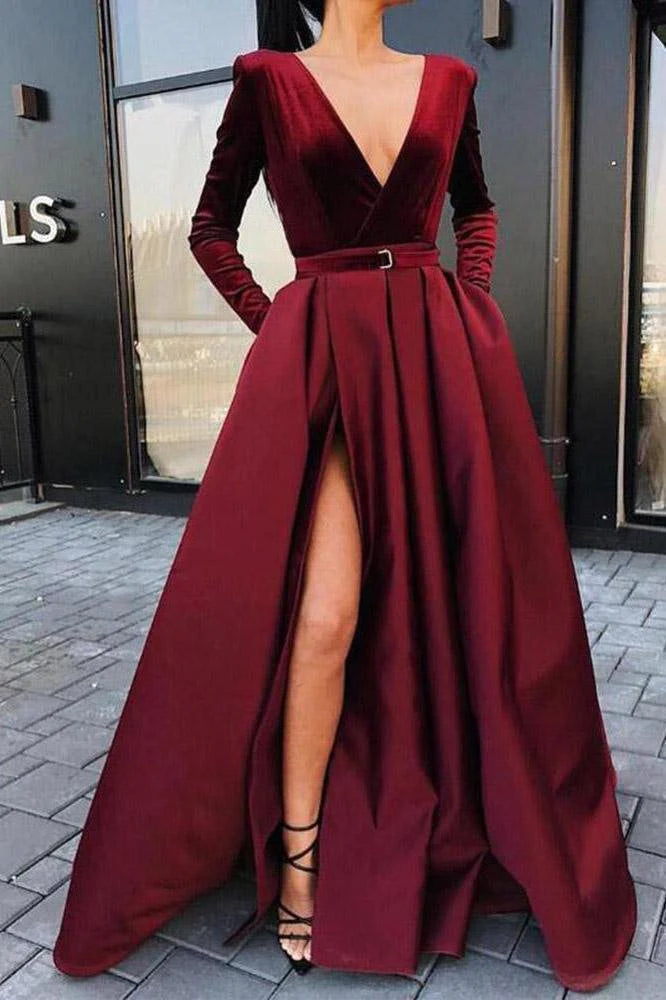 DingJiDress Prom Dresses A line Long Sleeve Burgundy Satin Deep V Neck High Slit Evening Dress