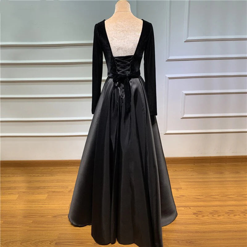 DingJiDress Prom Dresses A line Long Sleeve Burgundy Satin Deep V Neck High Slit Evening Dress