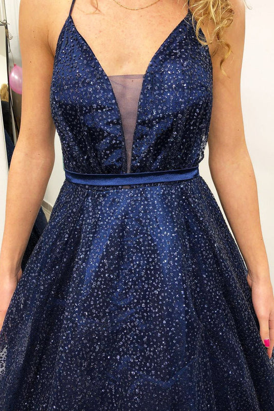 DingJiDress A line Evening Dresses Straps V Neck Prom Dresses Sparkly