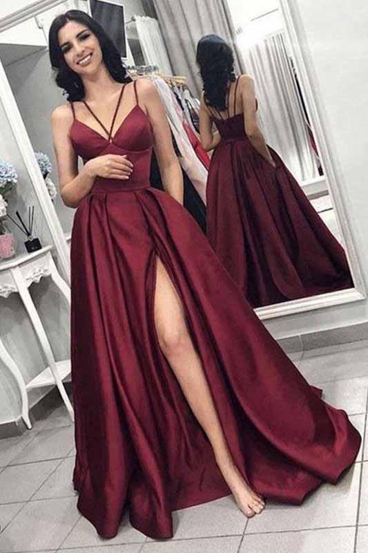 DingJiDress A line Prom Dress Split V Neck Prom Dresses with Pockets Straps