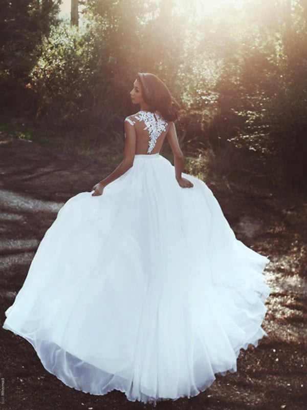 Nude Scoop Neckline Applique Slit A Line Wedding Dresses