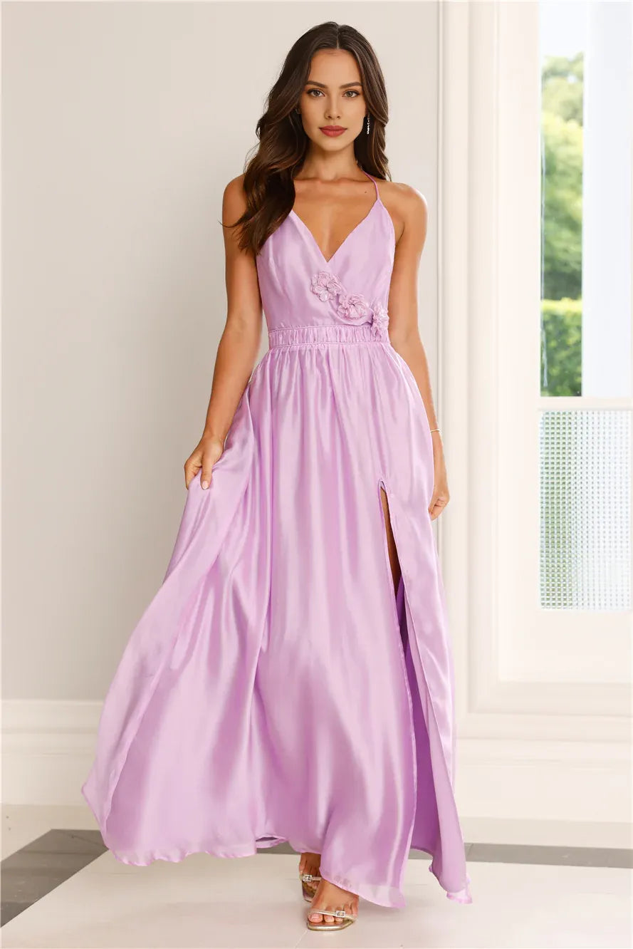 A-line Halter Neck Tie Applique Gathered Waist Purple Maxi Prom Dress With Slit