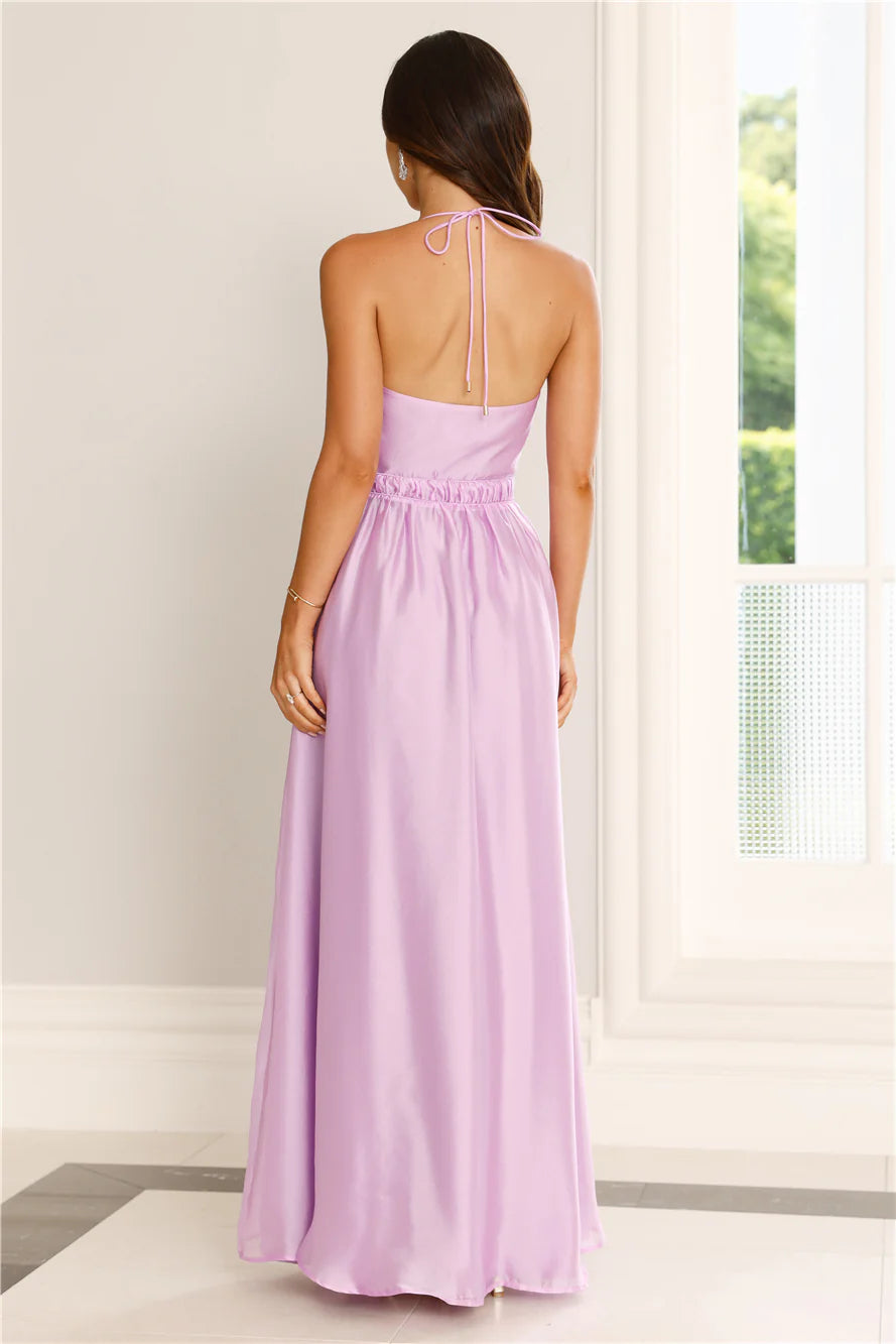 A-line Halter Neck Tie Applique Gathered Waist Purple Maxi Prom Dress With Slit