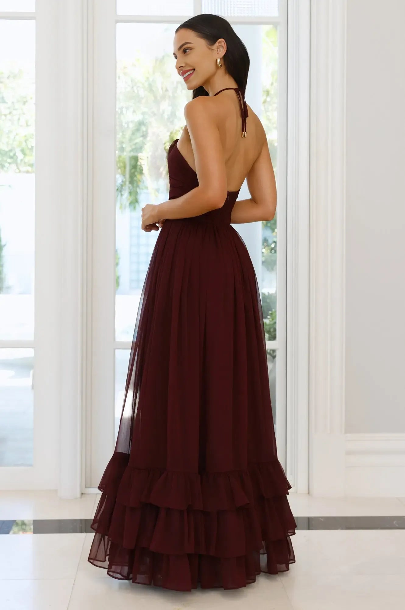 A-line Halter Tie Keyhole Cutout Tiered Ruffle Maroon Maxi Prom Dress