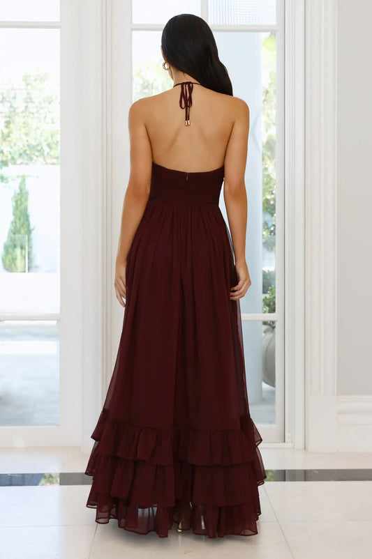 A-line Halter Tie Keyhole Cutout Tiered Ruffle Maroon Maxi Prom Dress