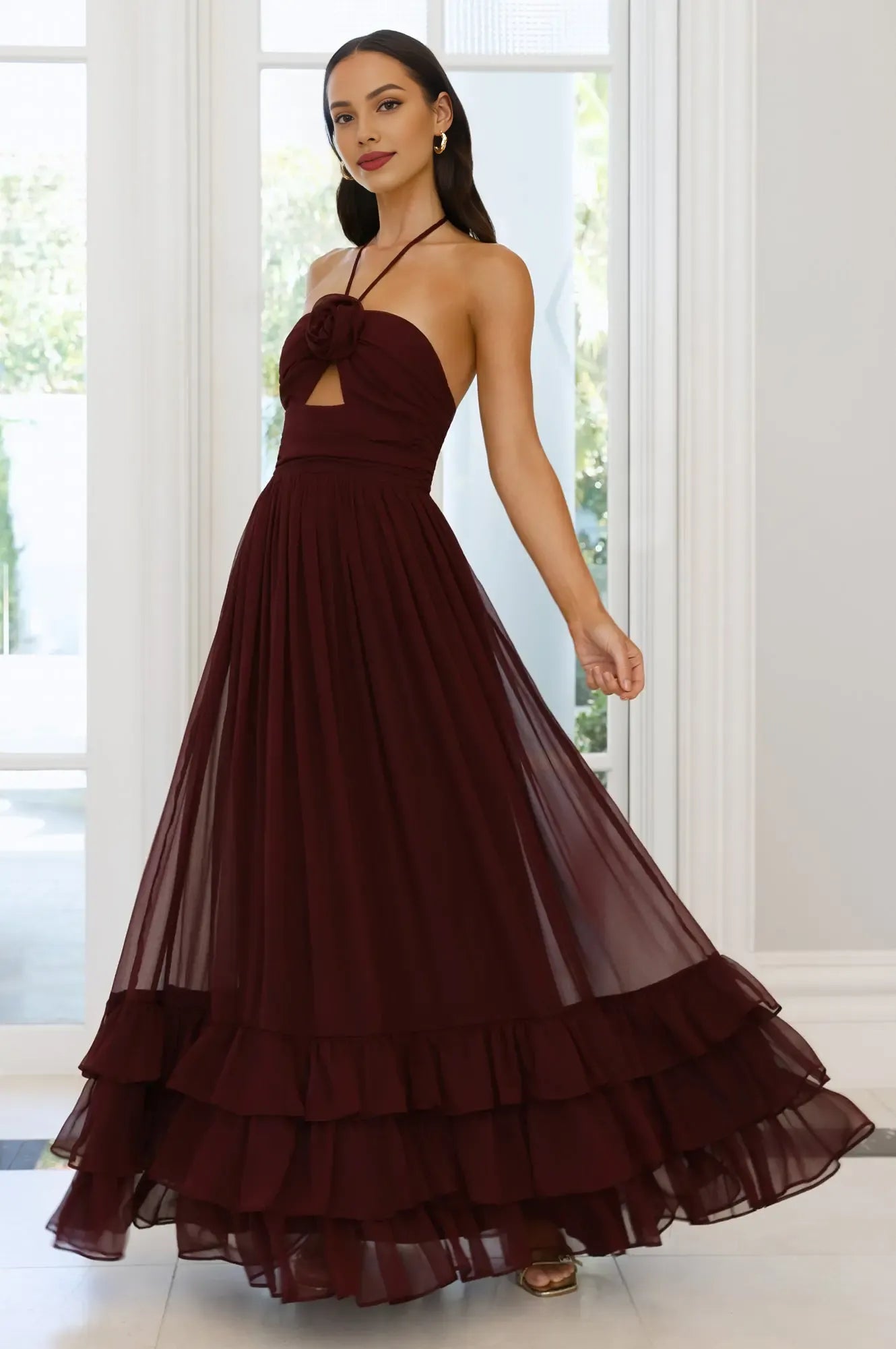 A-line Halter Tie Keyhole Cutout Tiered Ruffle Maroon Maxi Prom Dress