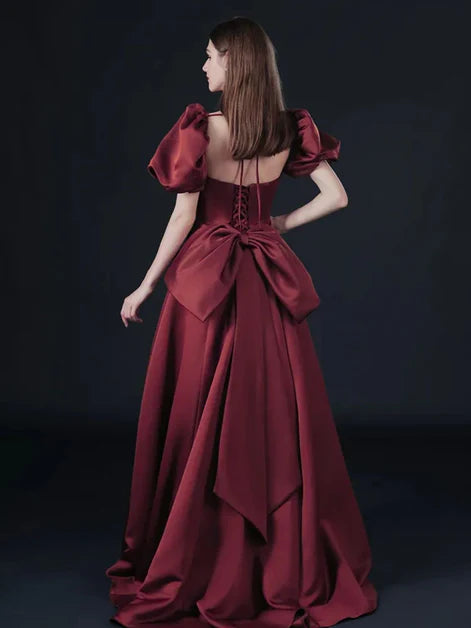 A-line Off-the-Shoulder Short Sleeves Satin Wine Red Long Prom Dress With Bow
