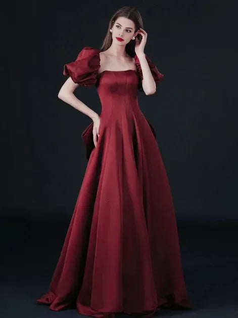 A-line Off-the-Shoulder Short Sleeves Satin Wine Red Long Prom Dress With Bow