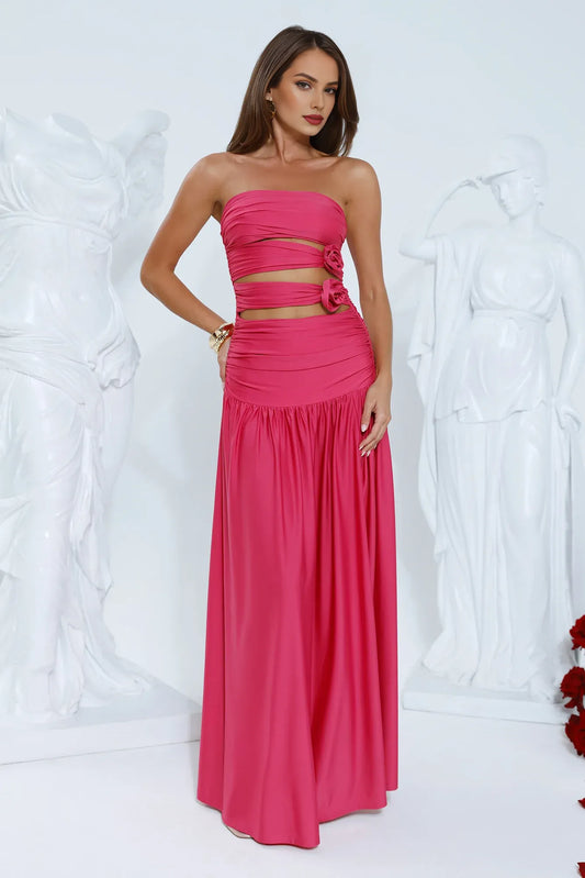 A-line Strapless 3D Flower Pleated Cutout Pink Maxi Prom Dress With Side Slit