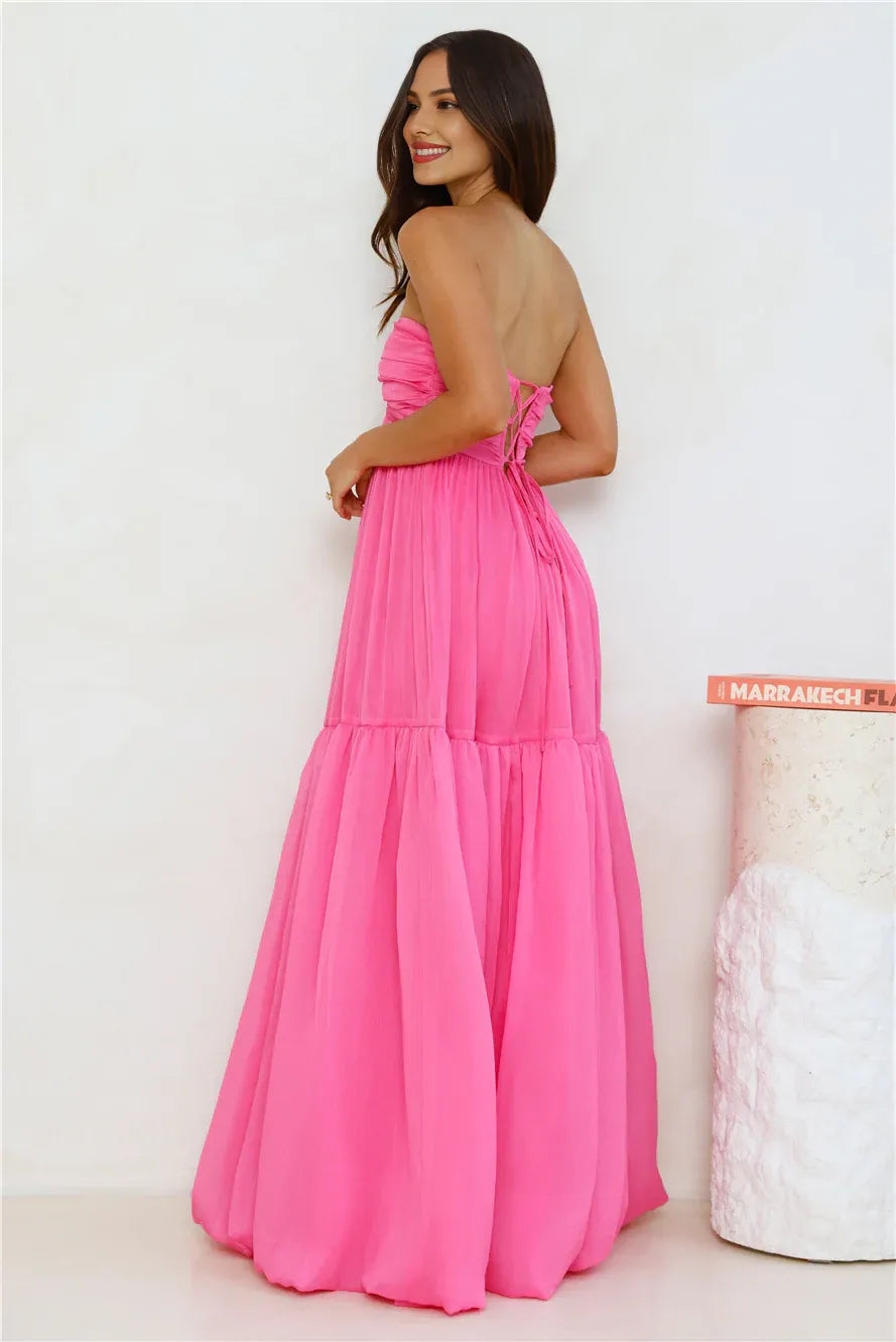 A-line Strapless Twisted Knot Pink Maxi Prom Dress With Bubble Hem Hot Sale