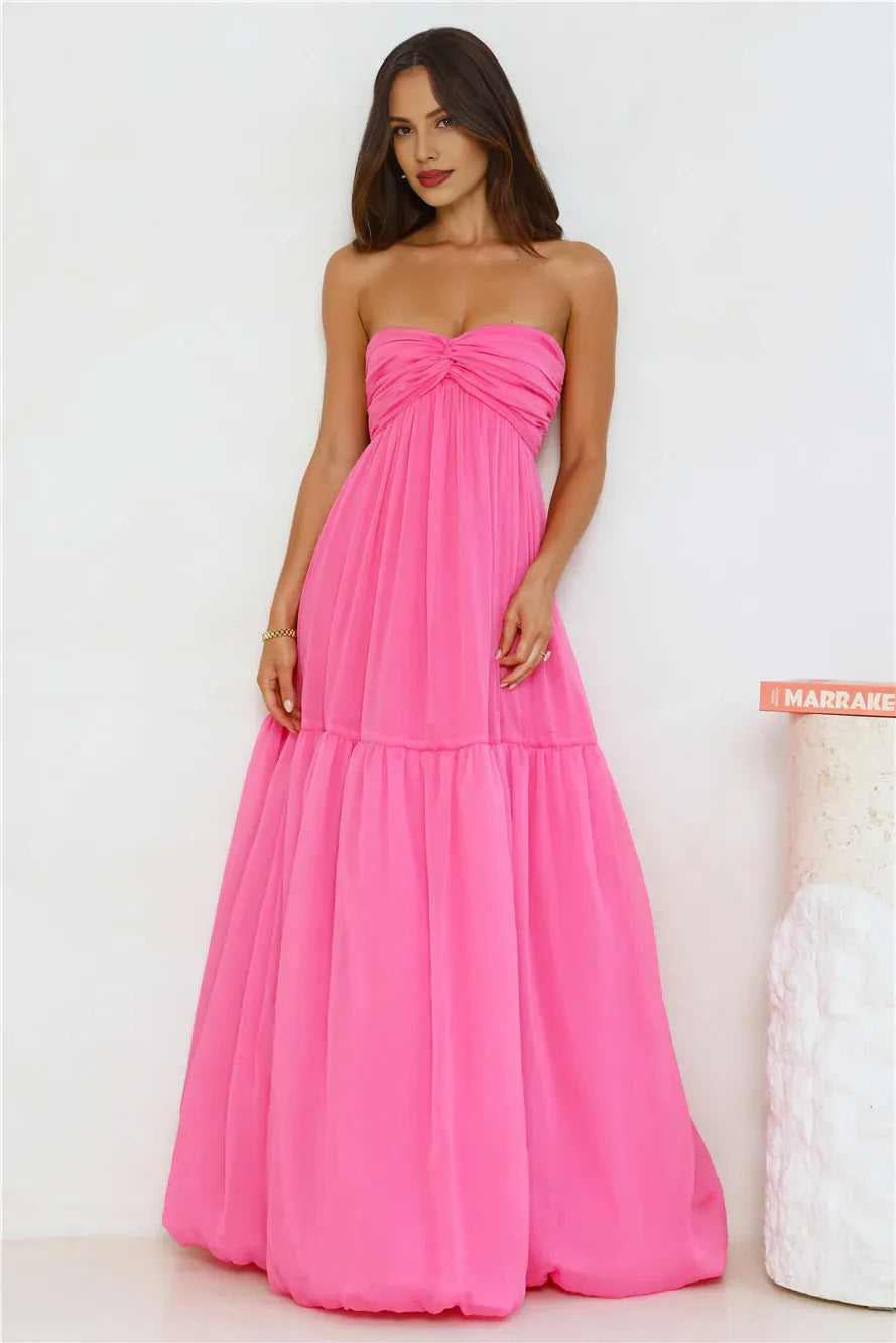 A-line Strapless Twisted Knot Pink Maxi Prom Dress With Bubble Hem Hot Sale
