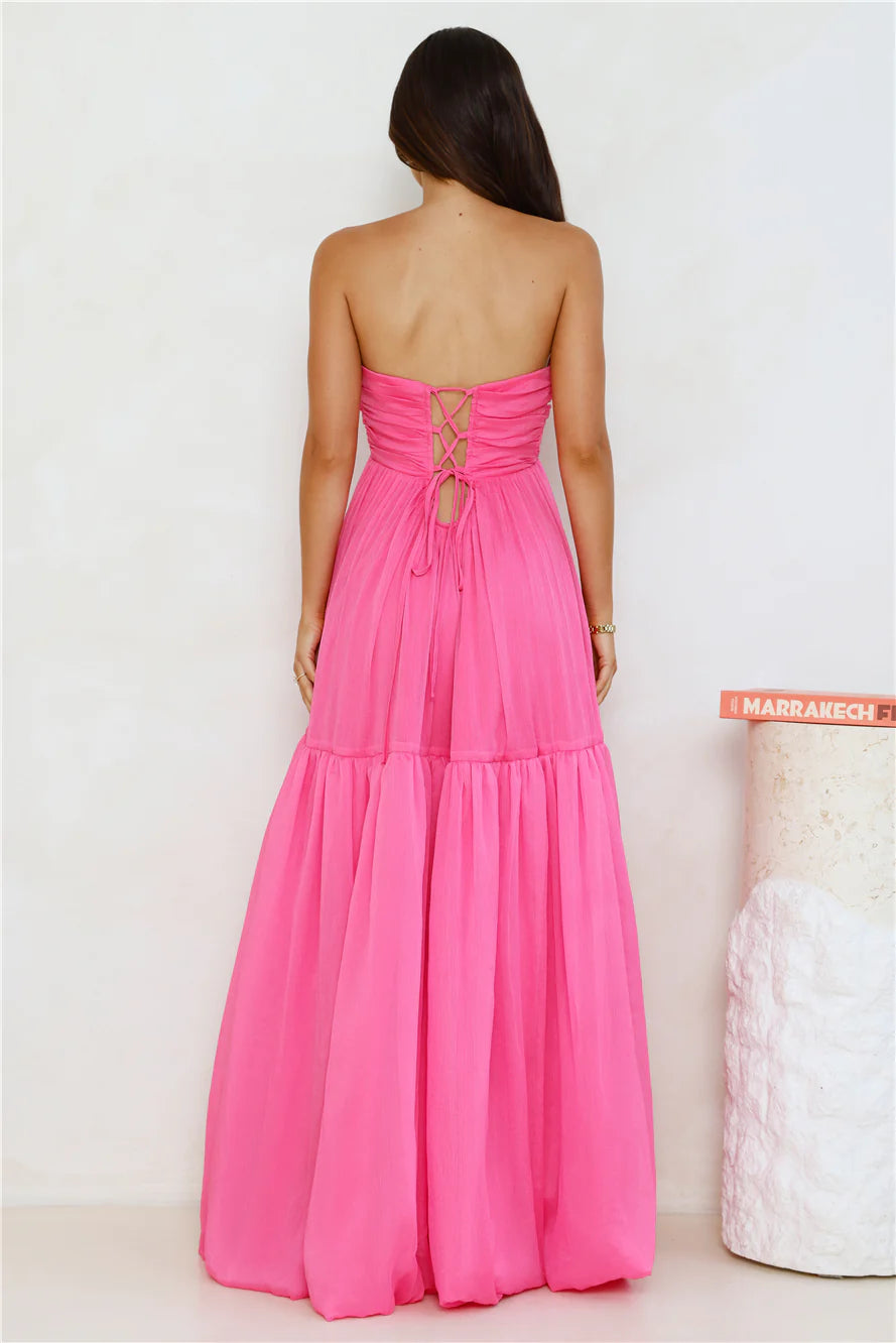 A-line Strapless Twisted Knot Pink Maxi Prom Dress With Bubble Hem Hot Sale