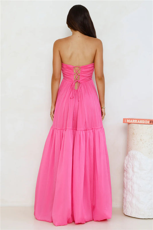 A-line Strapless Twisted Knot Pink Maxi Prom Dress With Bubble Hem Hot Sale