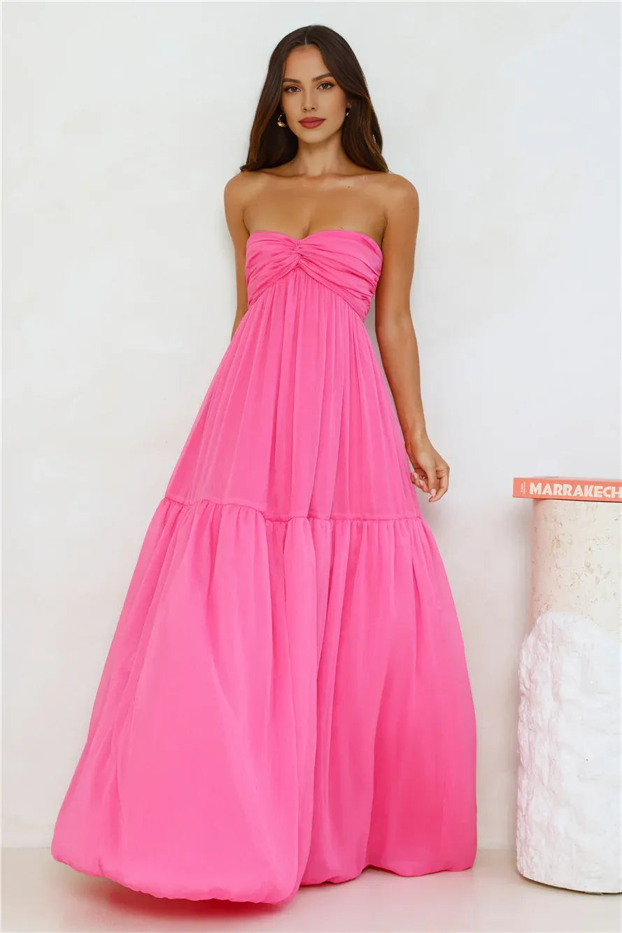 A-line Strapless Twisted Knot Pink Maxi Prom Dress With Bubble Hem Hot Sale