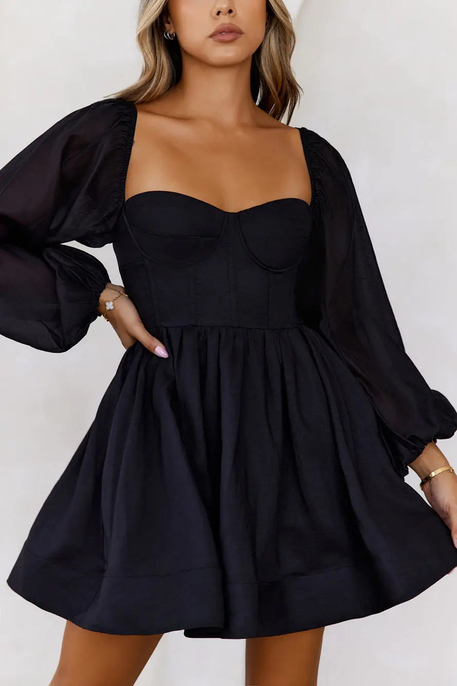 A-line Sweetheart Long Sleeve Corset Open Back Black Short Prom Dress