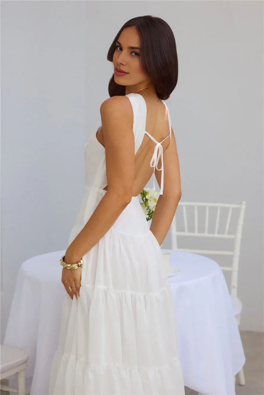 A-line Twist Neck Keyhole Cutout Tiered Open Back White Maxi Prom Dress