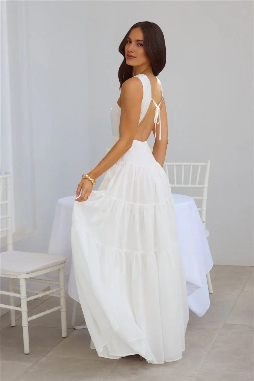 A-line Twist Neck Keyhole Cutout Tiered Open Back White Maxi Prom Dress