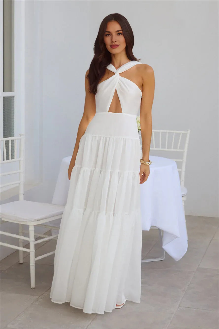 A-line Twist Neck Keyhole Cutout Tiered Open Back White Maxi Prom Dress