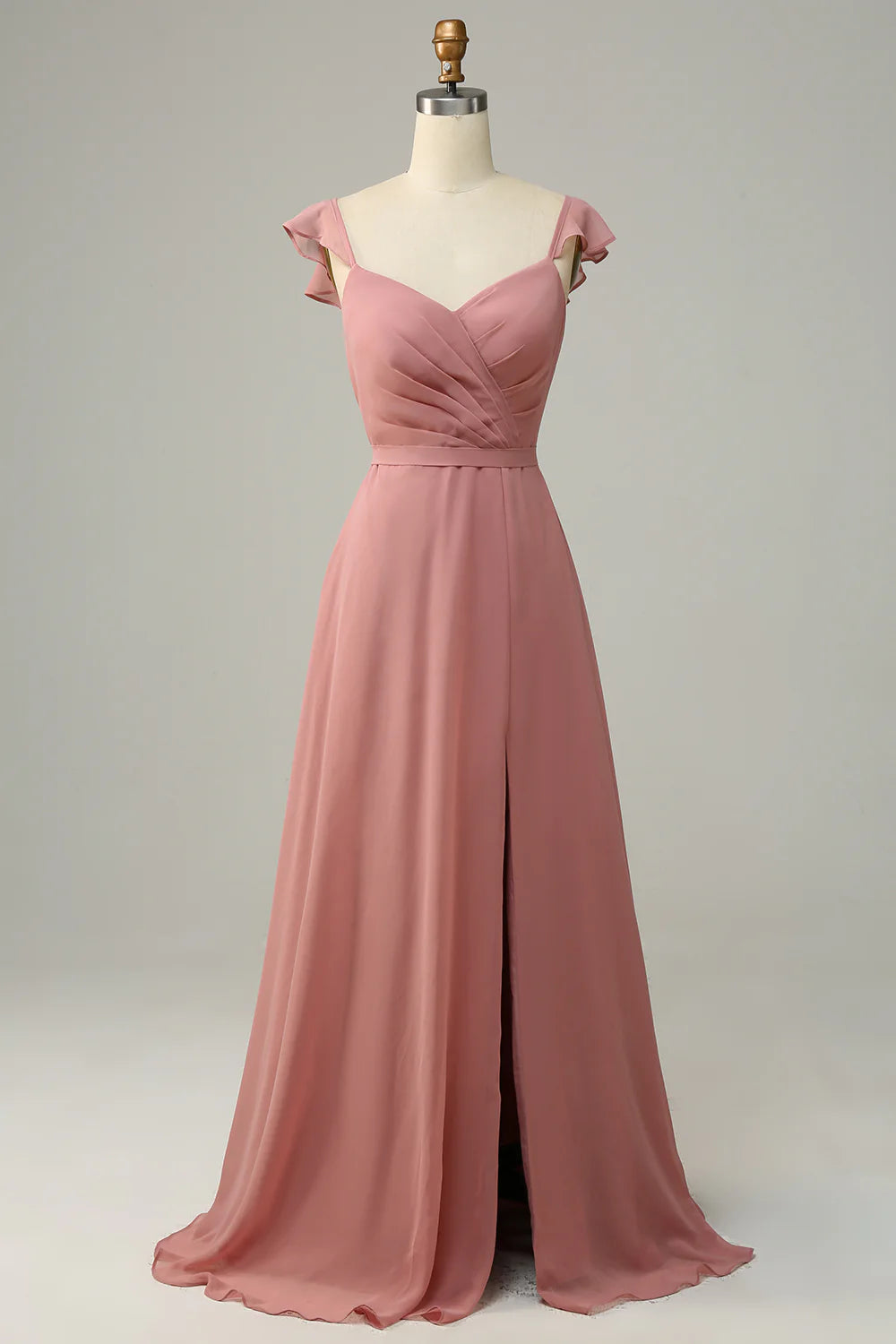 DingJiDress Dusty Rose A Line Ruffles Long Bridesmaid Dress With Slit