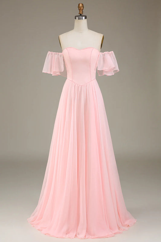 DingJiDress Blush Pink Prom Dresses A-Line Off the Shoulder Long Bridesmaid Dress