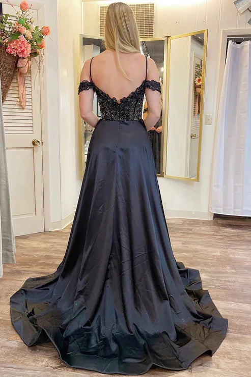 DingJiDress A Line Cold-Shoulder Evening Dress Beaded Black Prom Dresses