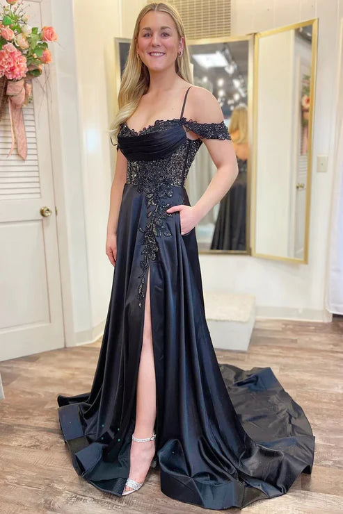 DingJiDress A Line Cold-Shoulder Evening Dress Beaded Black Prom Dresses