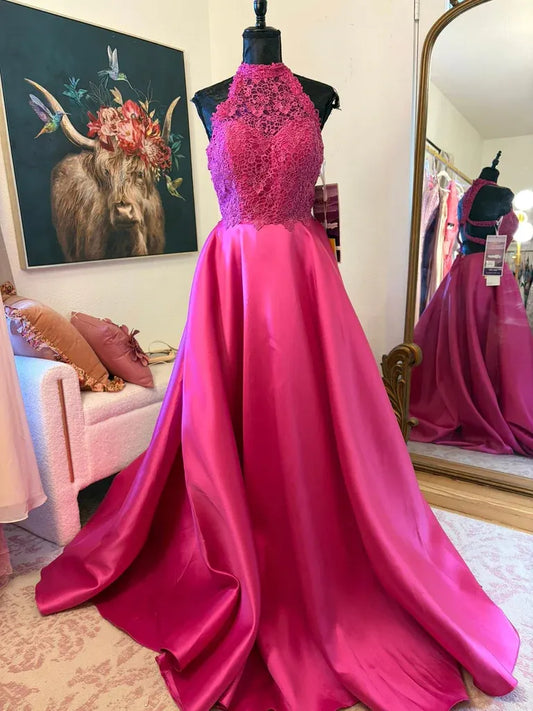 A Line Halter Floral Lace Backless Satin Fuchsia Floor Length Prom Dress