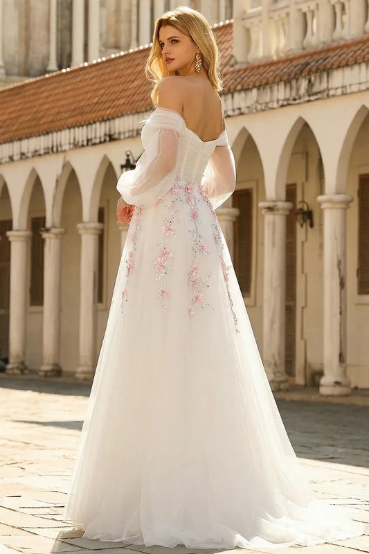 A Line Off Shoulder Floral Sequins Tulle White Maxi Prom Dress Hot Sale