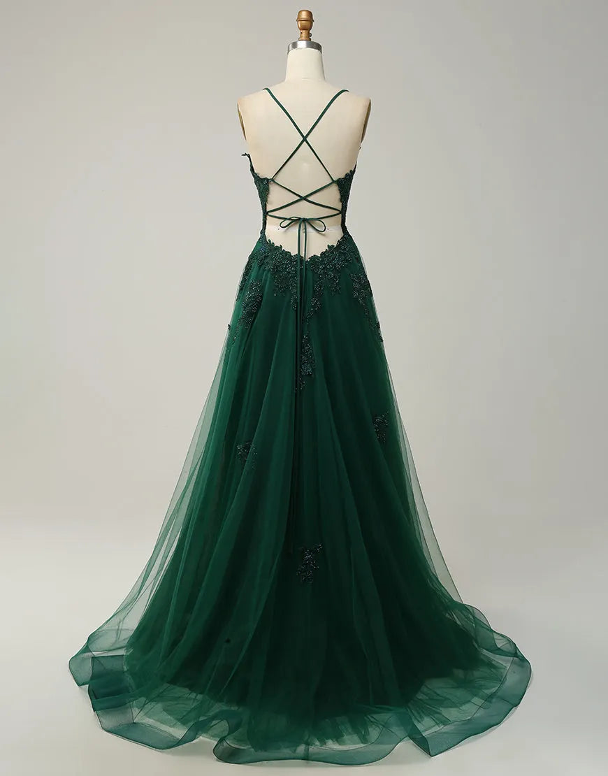 DingJiDress A-Line Tulle Spaghetti Straps Appliques Long Prom Dress with Slit