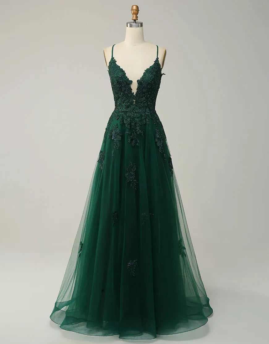 DingJiDress A-Line Tulle Spaghetti Straps Appliques Long Prom Dress with Slit