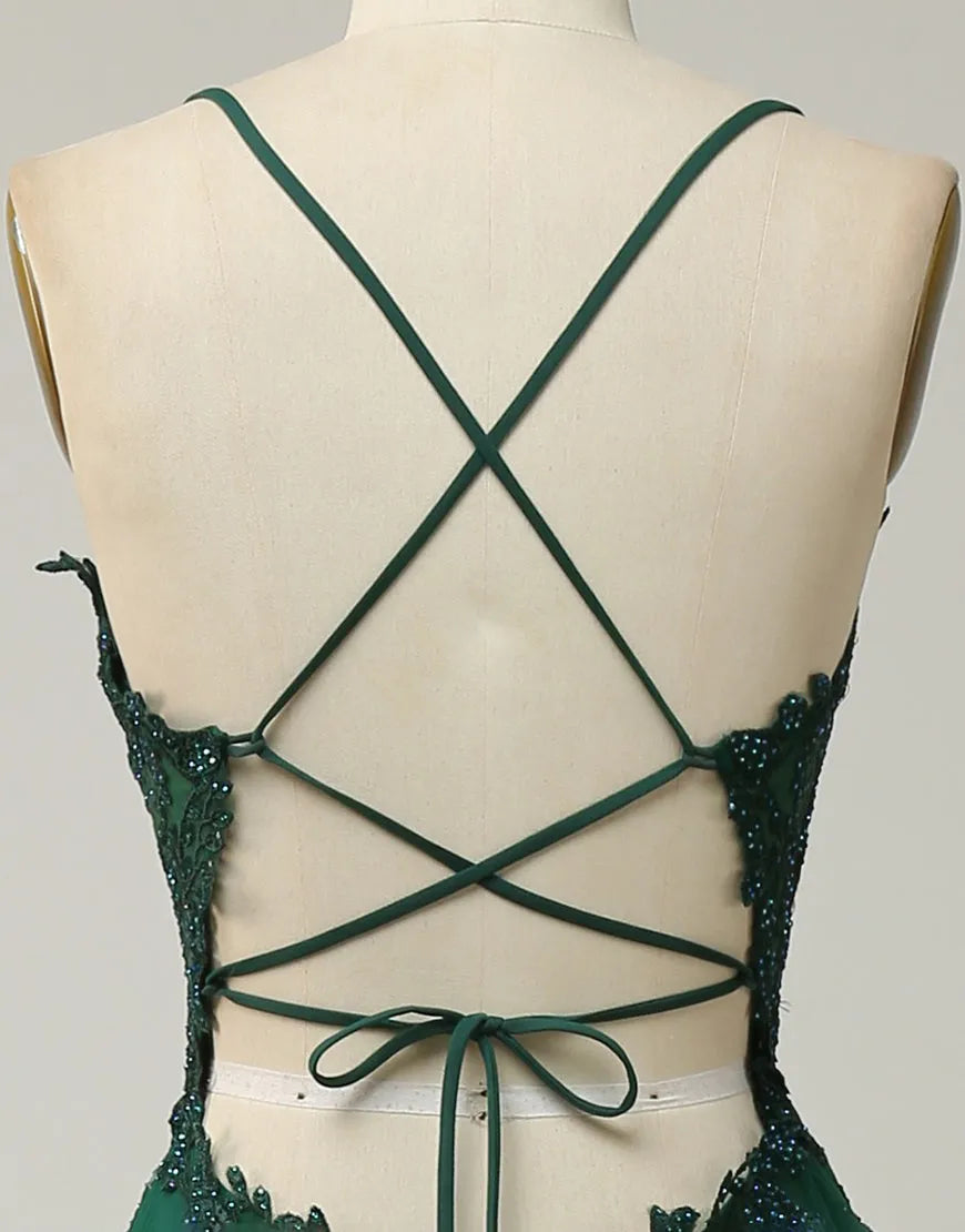 DingJiDress A-Line Tulle Spaghetti Straps Appliques Long Prom Dress with Slit