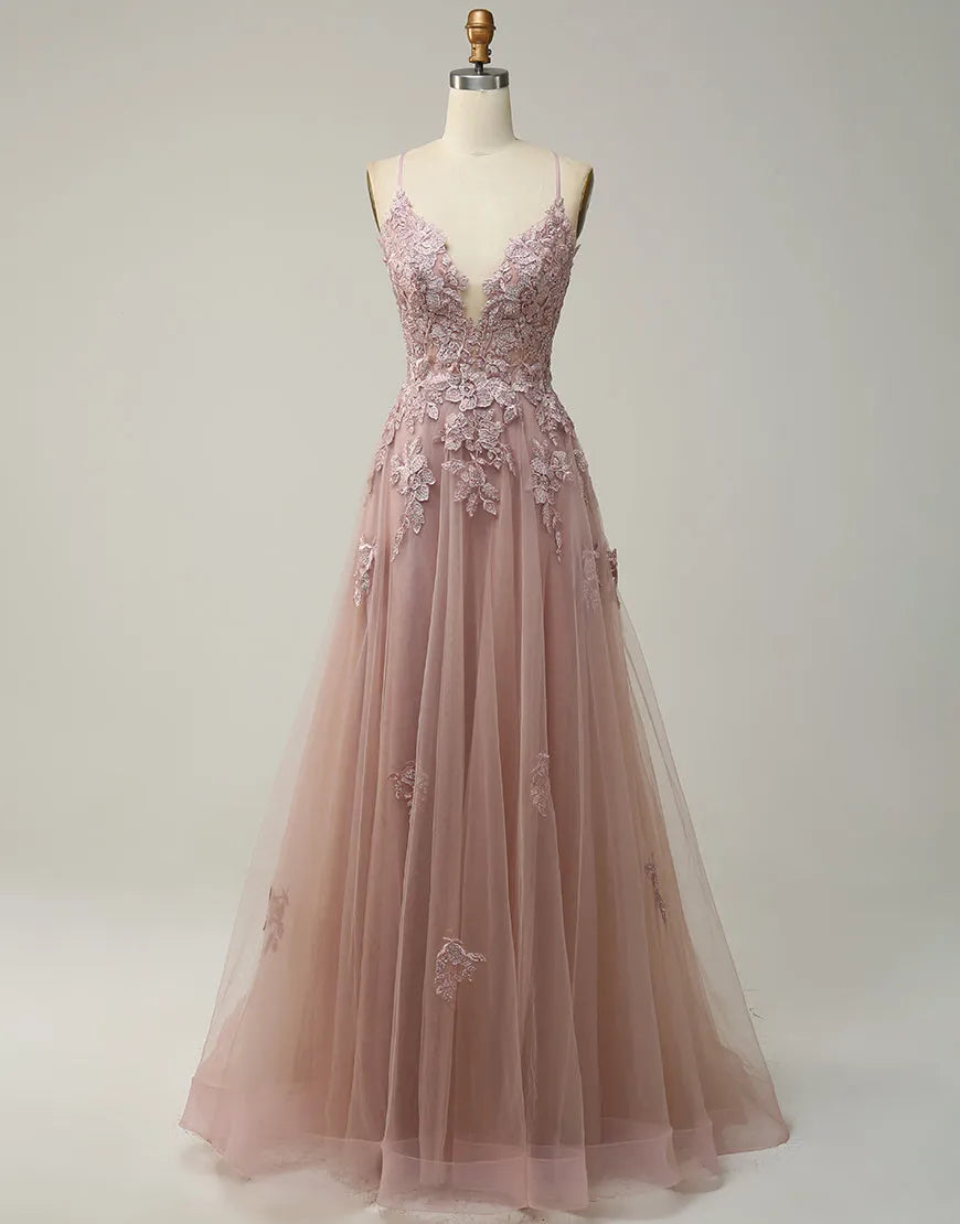 DingJiDress A-Line Tulle Spaghetti Straps Appliques Long Prom Dress with Slit