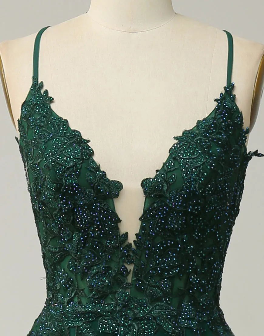 DingJiDress A-Line Tulle Spaghetti Straps Appliques Long Prom Dress with Slit