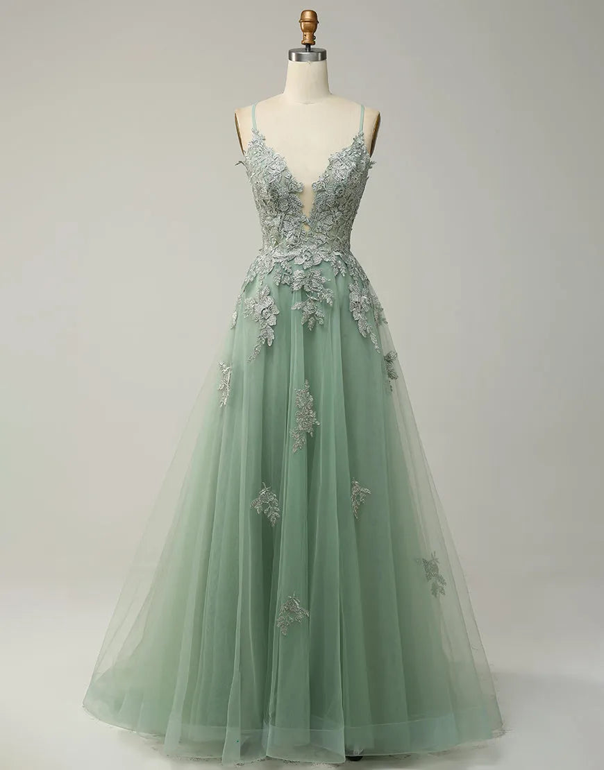DingJiDress A-Line Tulle Spaghetti Straps Appliques Long Prom Dress with Slit
