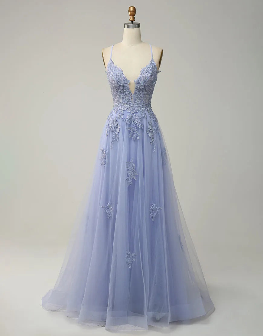 DingJiDress A-Line Tulle Spaghetti Straps Appliques Long Prom Dress with Slit