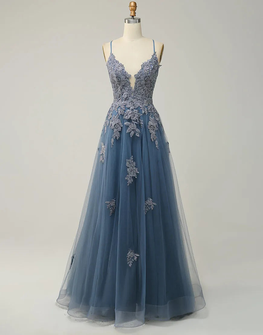 DingJiDress A-Line Tulle Spaghetti Straps Appliques Long Prom Dress with Slit