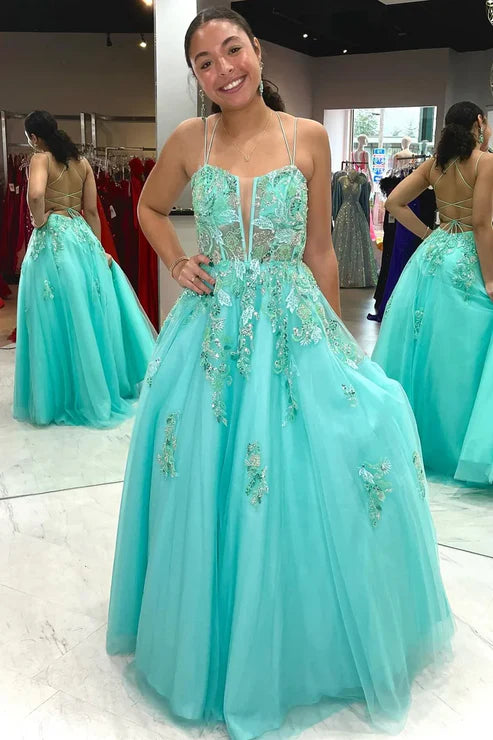DingJiDress A Line Spaghetti Straps Turquoise Tulle Prom Dress Long Evening Dresses