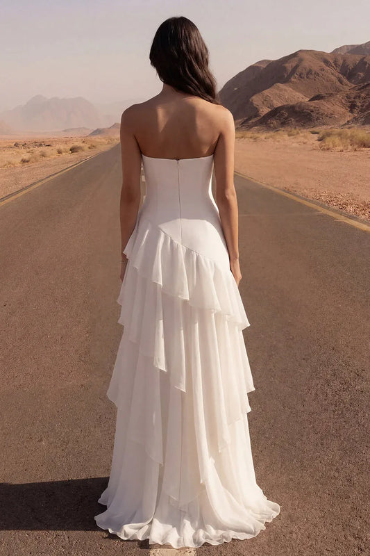 A Line Strapless Layered Ruffled Ivory Maxi Wedding Dress With Slit