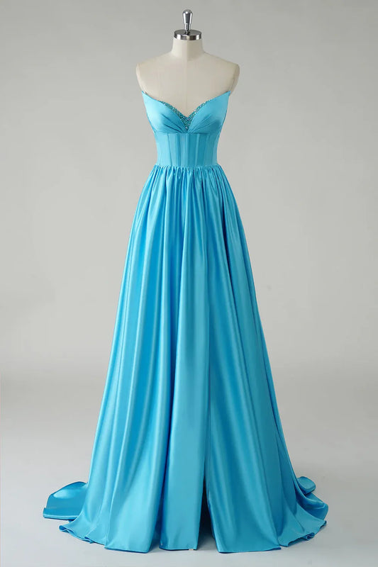 A Line Sweetheart Corset Sequin Beaded Blue Floor Length Prom Dress With Slit